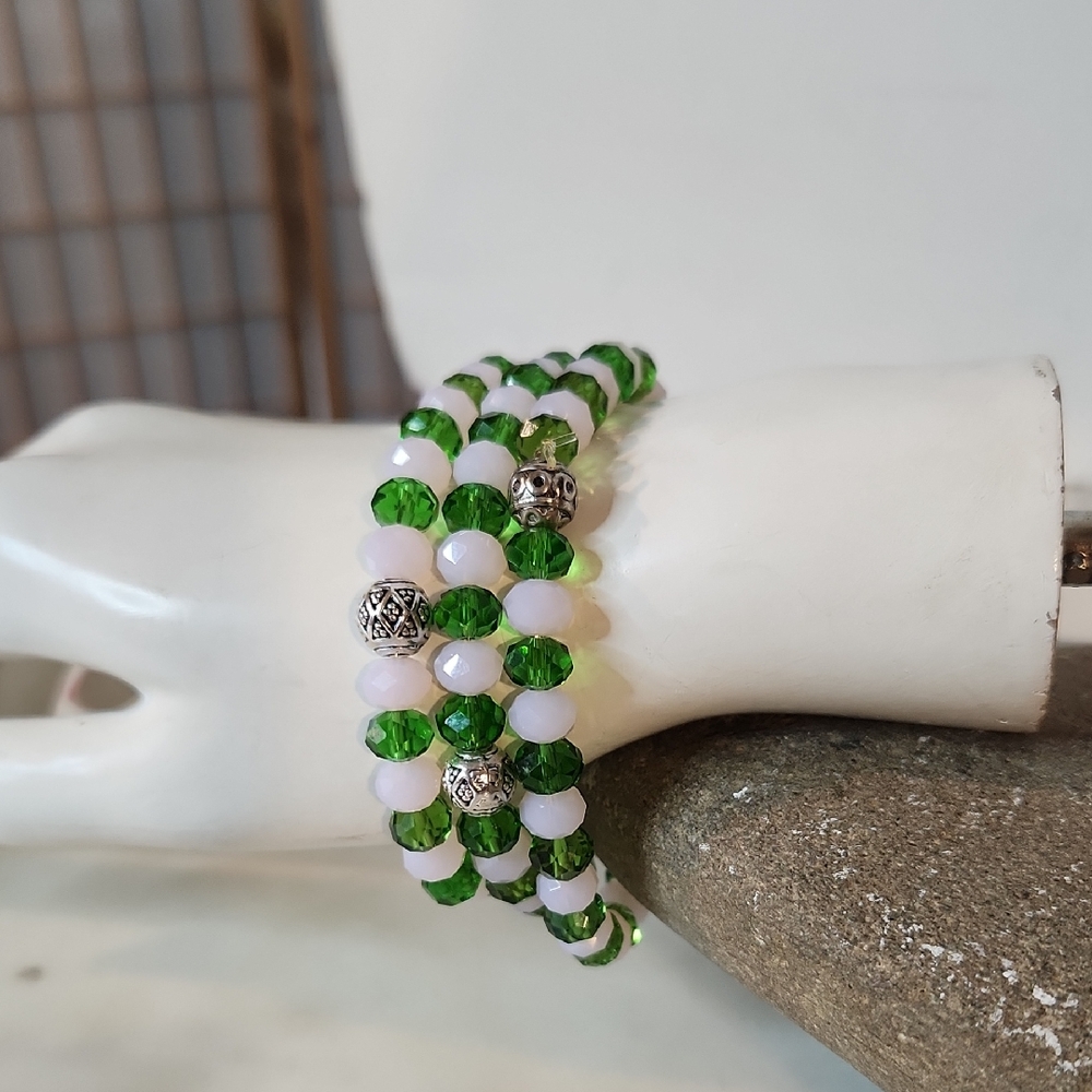 Handcrafted AKA Pink Quartz |  Green Crystal Beaded Bracelet